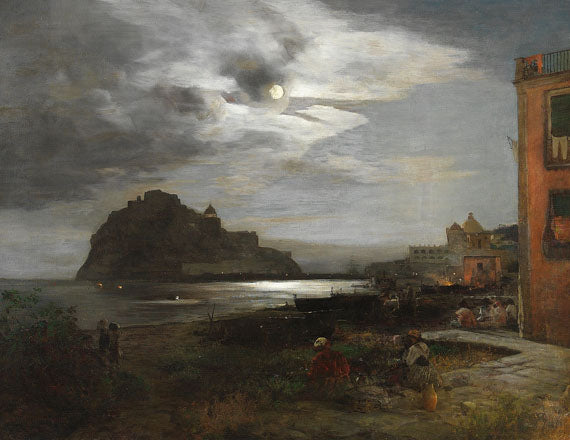 Moonlit Night in Ischia, vintage artwork by Oswald Achenbach, 12x8" (A4) Poster