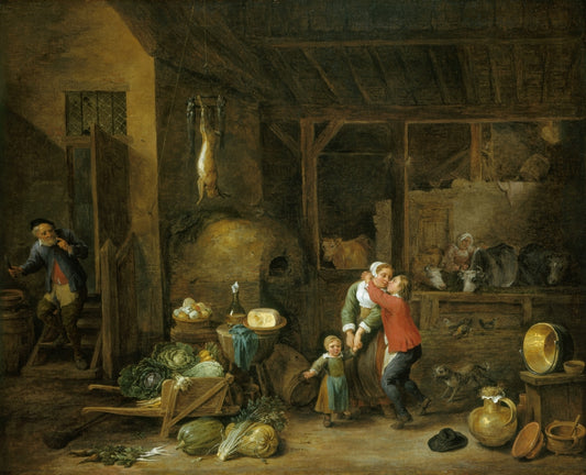 Interior of a Farmhouse ("The Stolen Kiss"), vintage artwork by David Teniers (II), 12x8" (A4) Poster