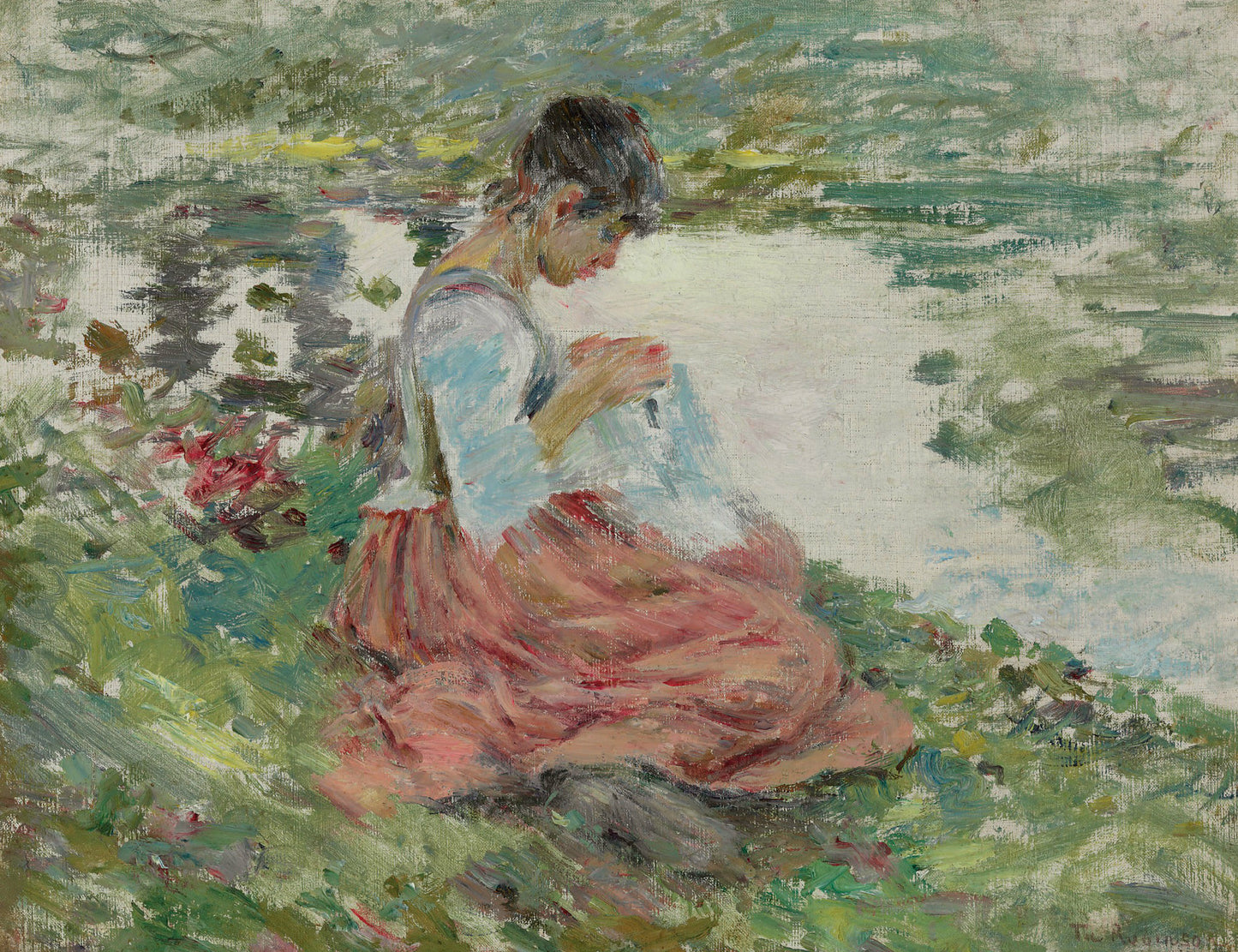 Girl Sewing by  River, vintage artwork by Theodore Robinson, 12x8" (A4) Poster