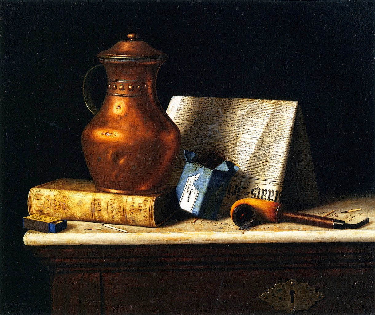 Still Life with Copper Jug, vintage artwork by William Michael Harnett, 12x8" (A4) Poster