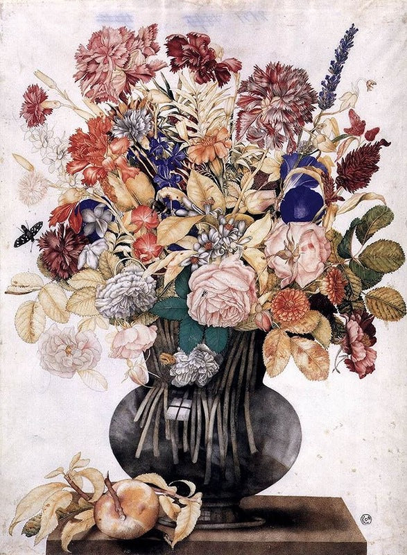 Vase with Flowers, a Peach and a Butterfly, vintage artwork by Giovanna Garzoni, 12x8" (A4) Poster