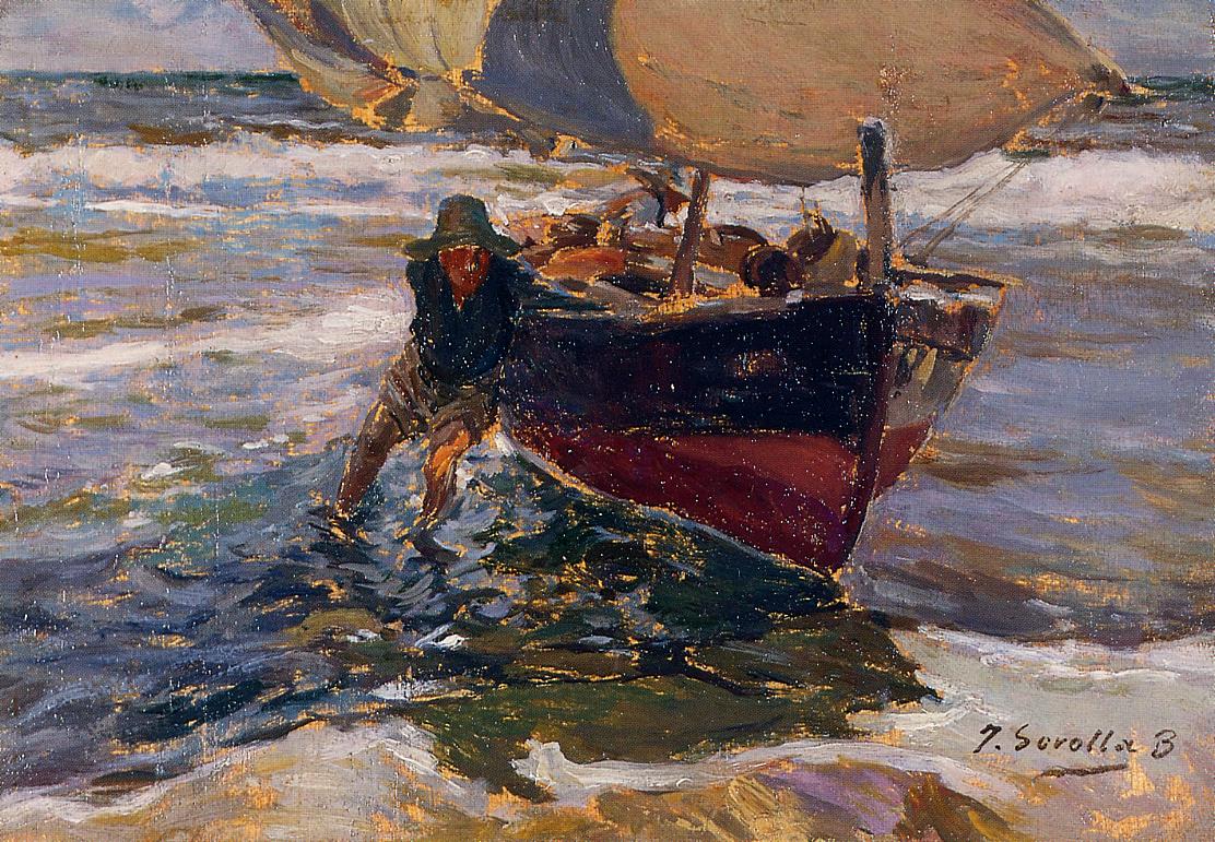 Beaching the Boat (study), vintage artwork by Joaquin Sorolla y Bastida, 12x8" (A4) Poster