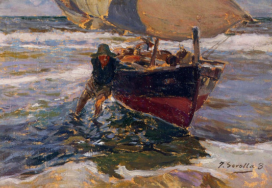 Beaching the Boat (study), vintage artwork by Joaquin Sorolla y Bastida, 12x8" (A4) Poster