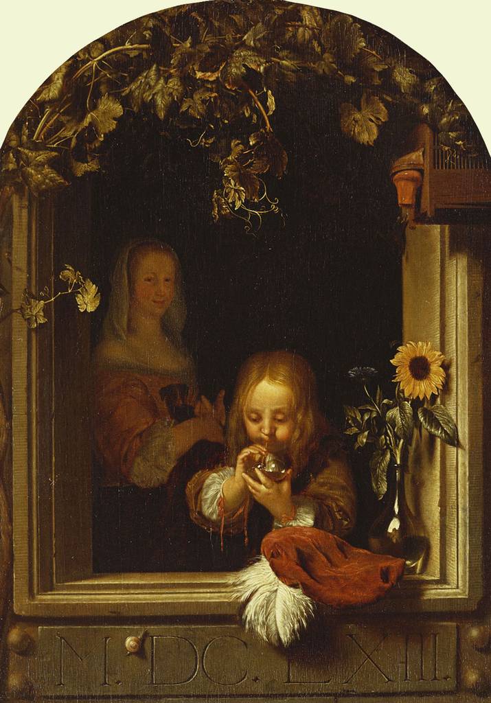 Boy at a Ledge Blowing Bubbles, vintage artwork by After Frans van Mieris the Elder, 12x8" (A4) Poster