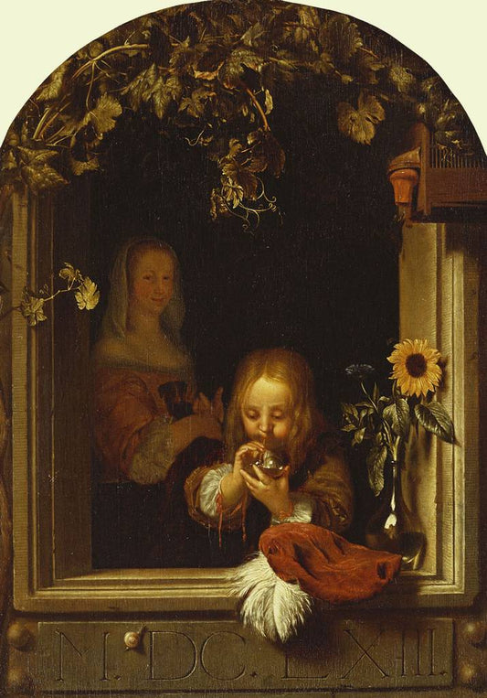Boy at a Ledge Blowing Bubbles, vintage artwork by After Frans van Mieris the Elder, 12x8" (A4) Poster