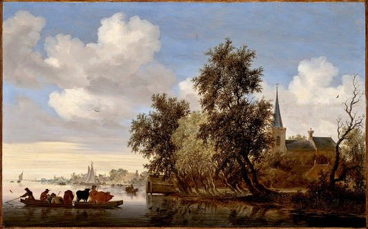 River Landscape with a Ferry, vintage artwork by Salomon van Ruysdael, 12x8" (A4) Poster