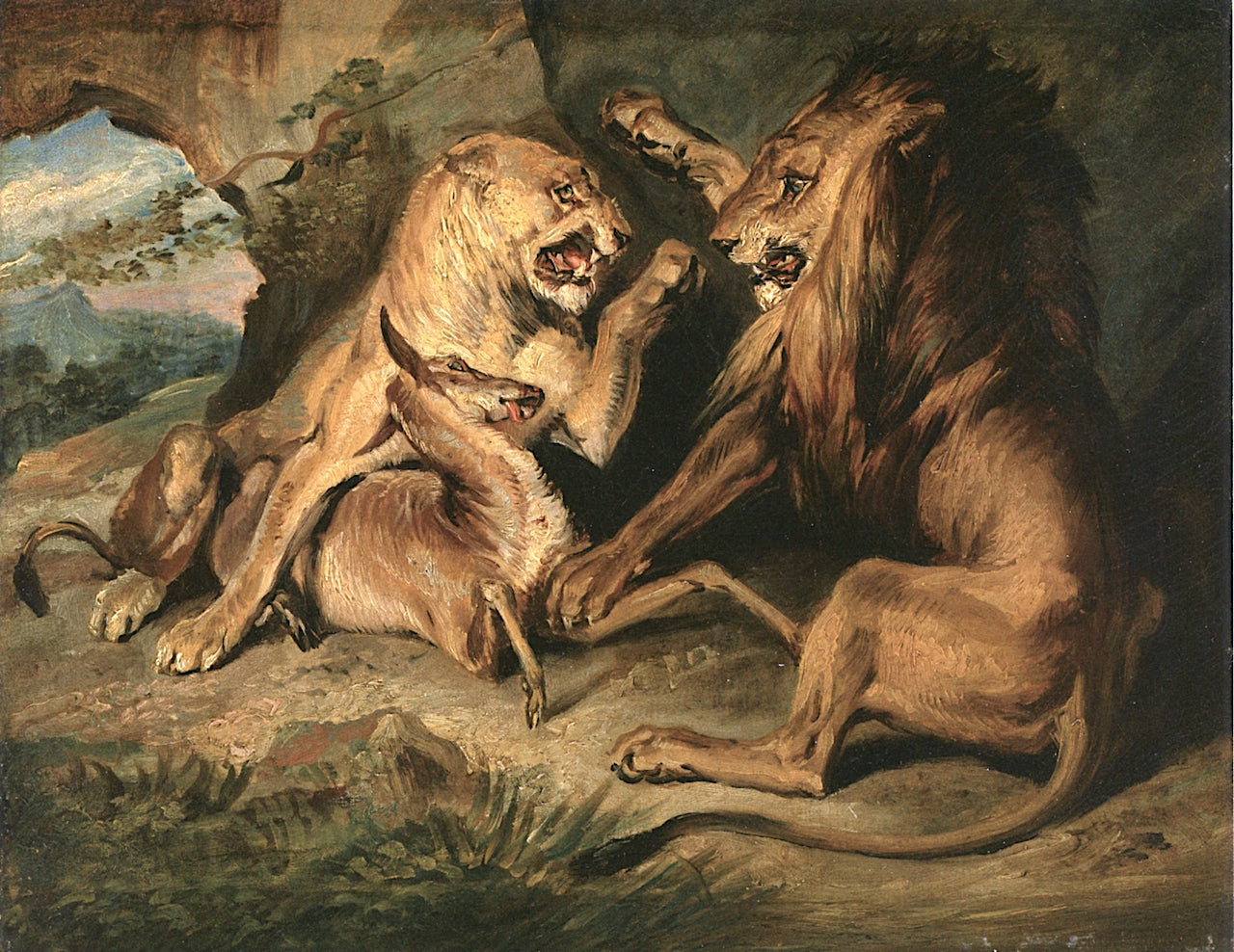 Lions at a Kill, vintage artwork by Sir Edwin Landseer, A3 (16x12") Poster Print