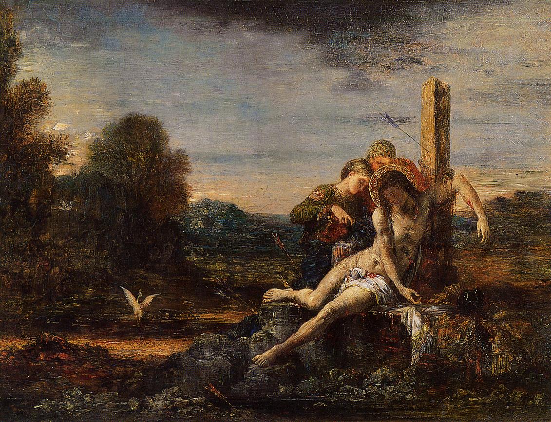 Saint Sebastian being Tended by  Saintly Women, vintage artwork by Gustave Moreau, 12x8" (A4) Poster