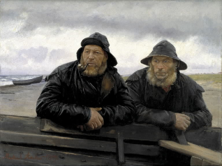 Two Fishermen beside a Boat, vintage artwork by Michael Peter Ancher, 12x8" (A4) Poster