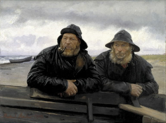 Two Fishermen beside a Boat, vintage artwork by Michael Peter Ancher, 12x8" (A4) Poster