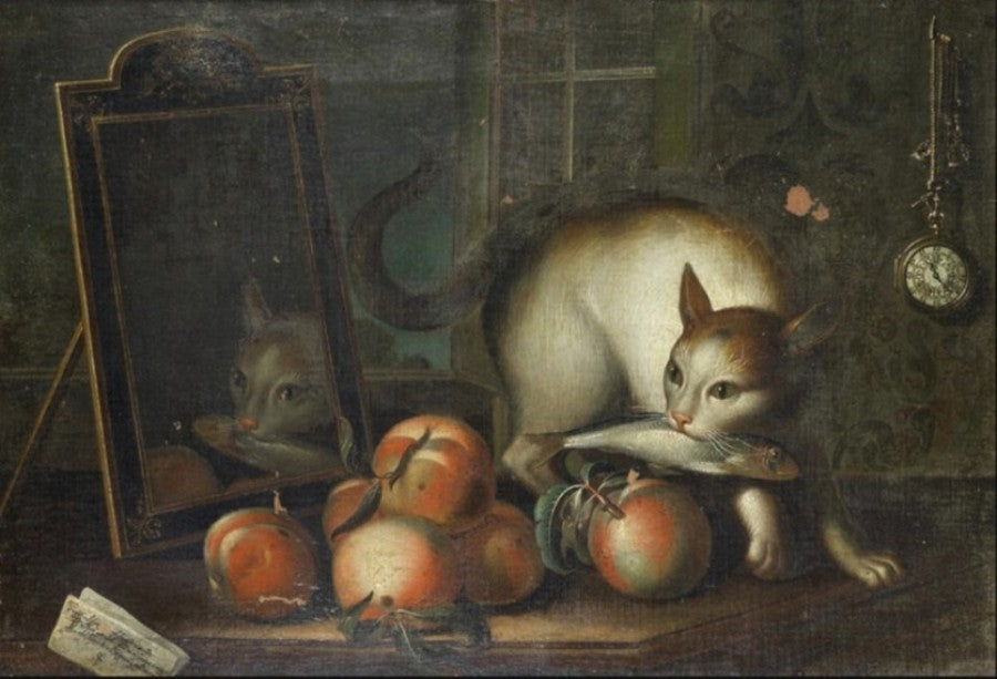 A cat holding a fish in its mouth, beside a mirror and peaches on a table, vintage artwork by Sebastiano Lazzari, 12x8" (A4) Poster