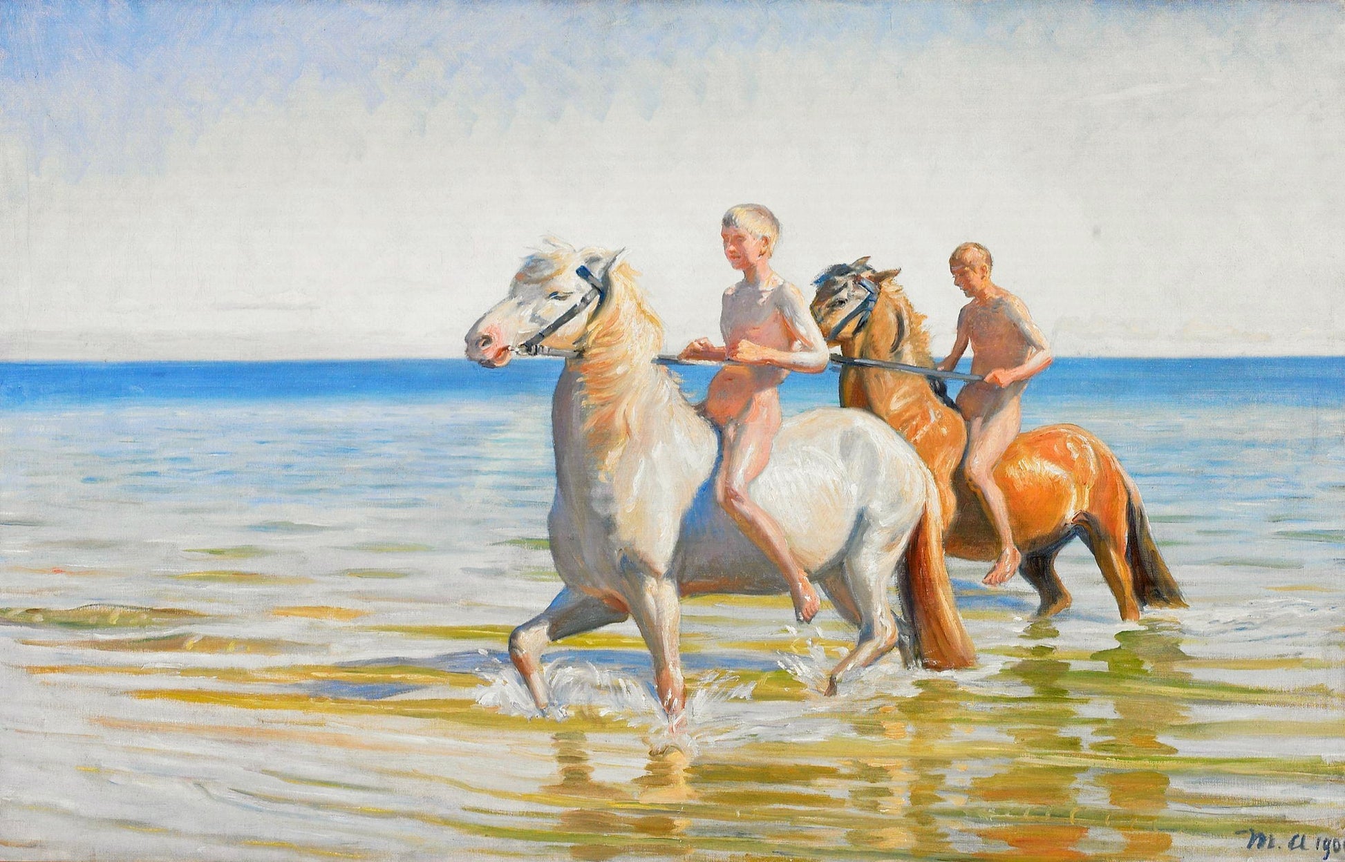 Boyrs Ride Horses to Water, Skagen 1900, vintage artwork by Michael Peter Ancher, 12x8" (A4) Poster