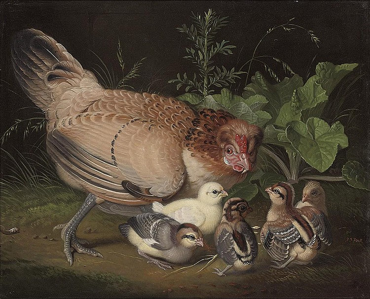 Hen and Chickens in a Landscape, vintage artwork by Jakob Samuel Beck, 12x8" (A4) Poster