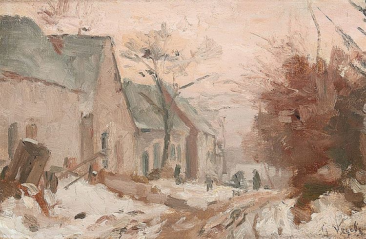 Village Road with Snow, vintage artwork by Guillaume Vogels, 12x8" (A4) Poster