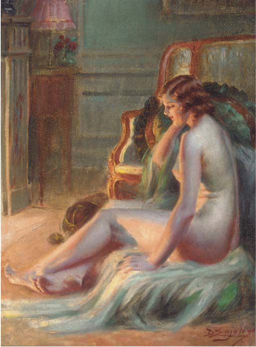 A Nude by  The Fire, vintage artwork by Delphin Enjolras, 12x8" (A4) Poster
