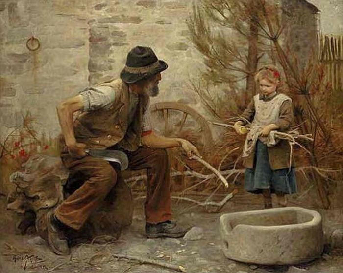 A woodcutter and his daughter, vintage artwork by Arthur Hacker, 12x8" (A4) Poster