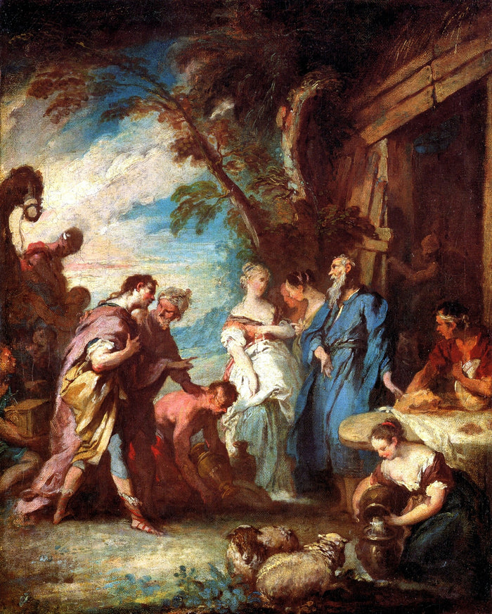 Bethuel Welcoming the Servant of Abraham (study), vintage artwork by François Boucher, 12x8