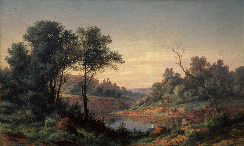 Landscape with Female Figure, vintage artwork by Pavel Dzhogin, 12x8" (A4) Poster