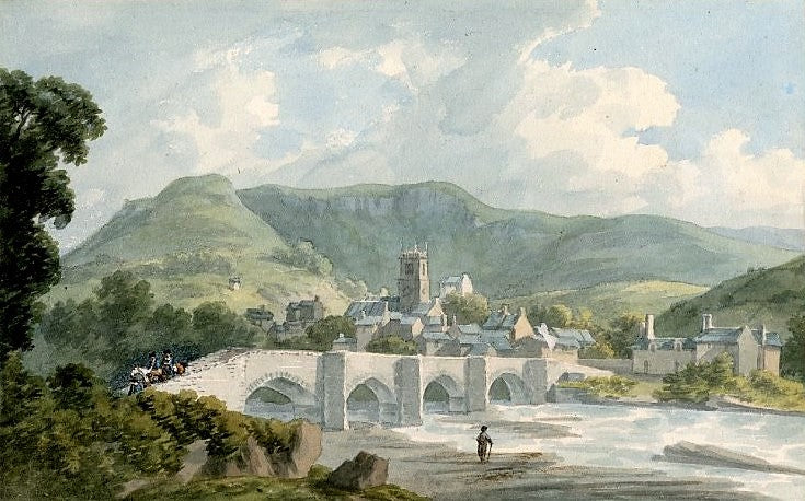 View of Llangollen and Bridge, vintage artwork by John Warwick Smith, 12x8" (A4) Poster