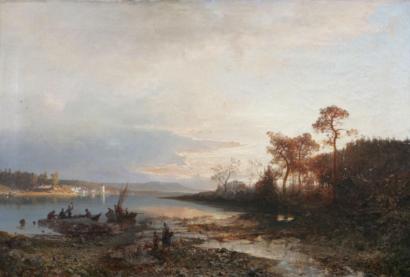 Dusk Landscape with Figures at the Beach, vintage artwork by Alfred Wahlberg, 12x8" (A4) Poster