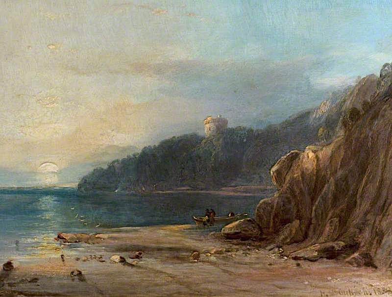 Coastal Landscape with a Castle at Sunset, vintage artwork by Horatio McCulloch, A3 (16x12") Poster Print