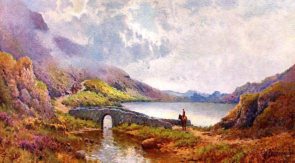 Horseman and Bridge at the Gap of Dunloe, Killarney, vintage artwork by Alfred de Breanski, Sr., 12x8" (A4) Poster
