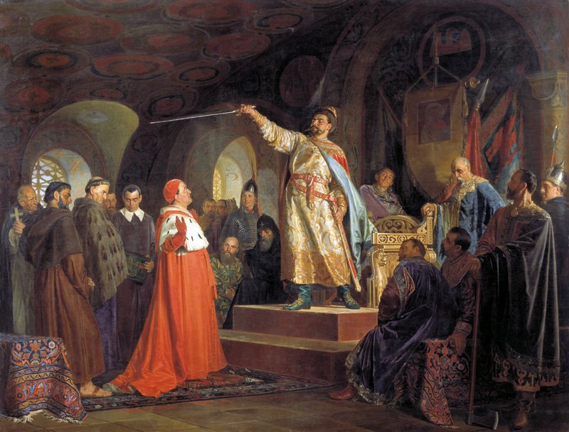 Roman of Halych Receives the Legates of Pope Innocent III, vintage artwork by Nikolai Vasilevich Nevrev, 12x8" (A4) Poster