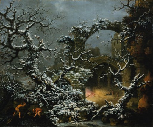 A Snowy Winter Landscape with Woodcutters and Figures Before a Bonfire in a Gothic Ruin, vintage artwork by Cesar Van Loo, 12x8" (A4) Poster