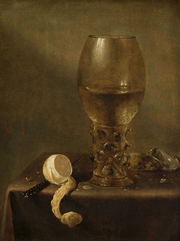 Still life with roemer, peeled lemon, mussels and nuts, vintage artwork by Jan van de Velde III, 12x8" (A4) Poster