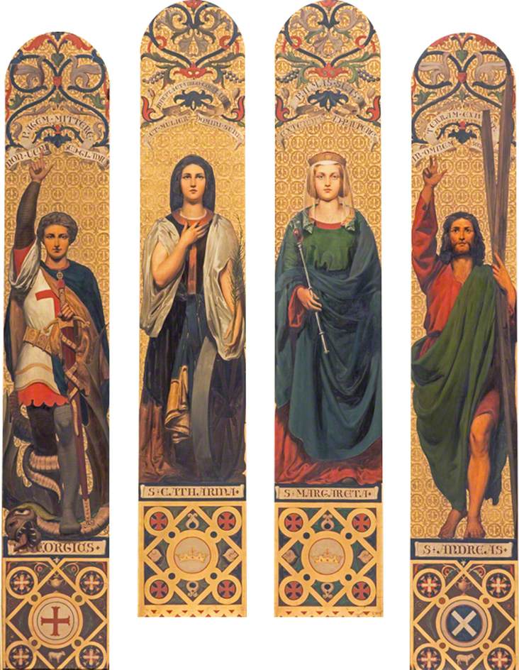 Four Saints: Saint George, Saint Catherine, Saint Margaret and Saint Andrew, vintage artwork by Thomas Faed RA HRSA, 12x8" (A4) Poster