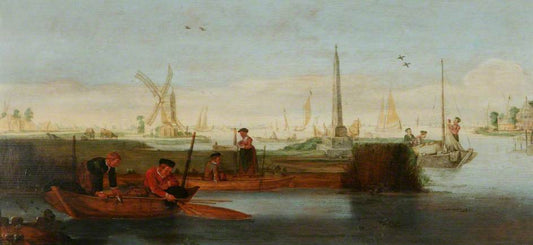 River Scene with Fishermen in a Rowboat, vintage artwork by Arent Arentsz., 12x8" (A4) Poster