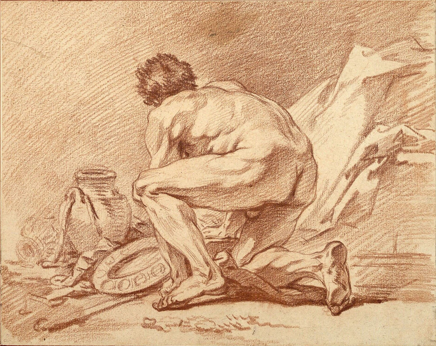 Academic Nude Bent and Seen from Behind, vintage artwork by François Boucher, 12x8" (A4) Poster