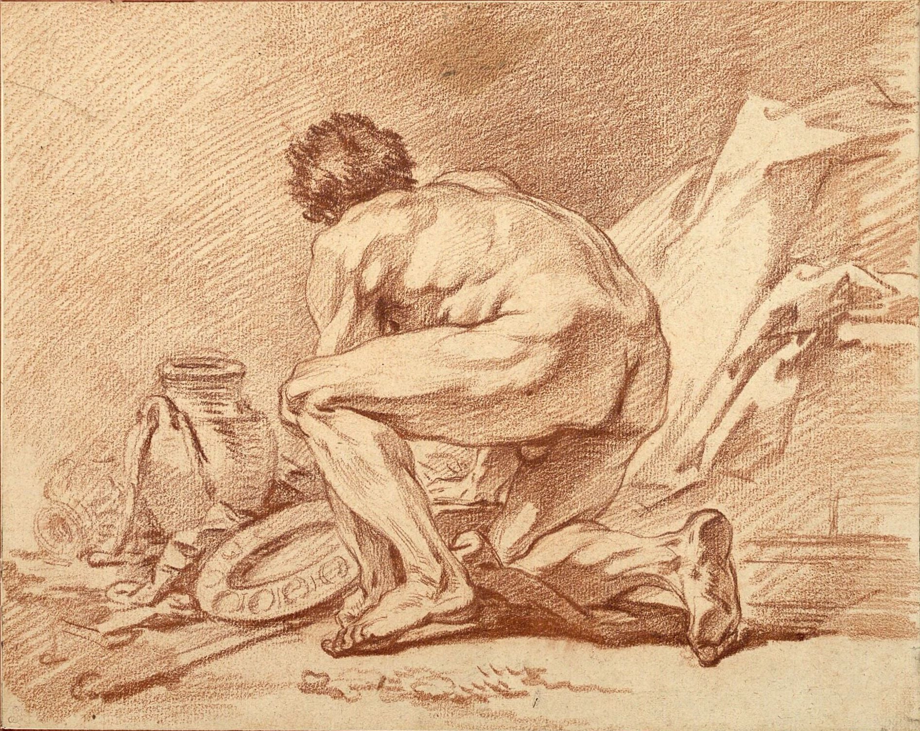 Academic Nude Bent and Seen from Behind, vintage artwork by François Boucher, 12x8" (A4) Poster