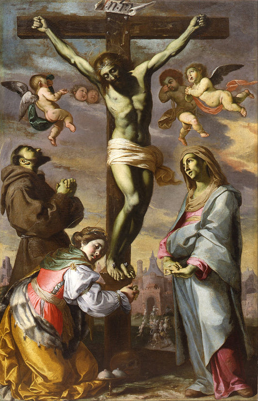Crucifix with the Virgin and Saints Francis and Agatha, vintage artwork by Bernardino Mei, 12x8" (A4) Poster
