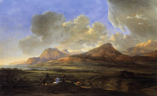 Mountainous Landscape with Traveling Herdsmen, vintage artwork by Jan Asselijn, 12x8" (A4) Poster