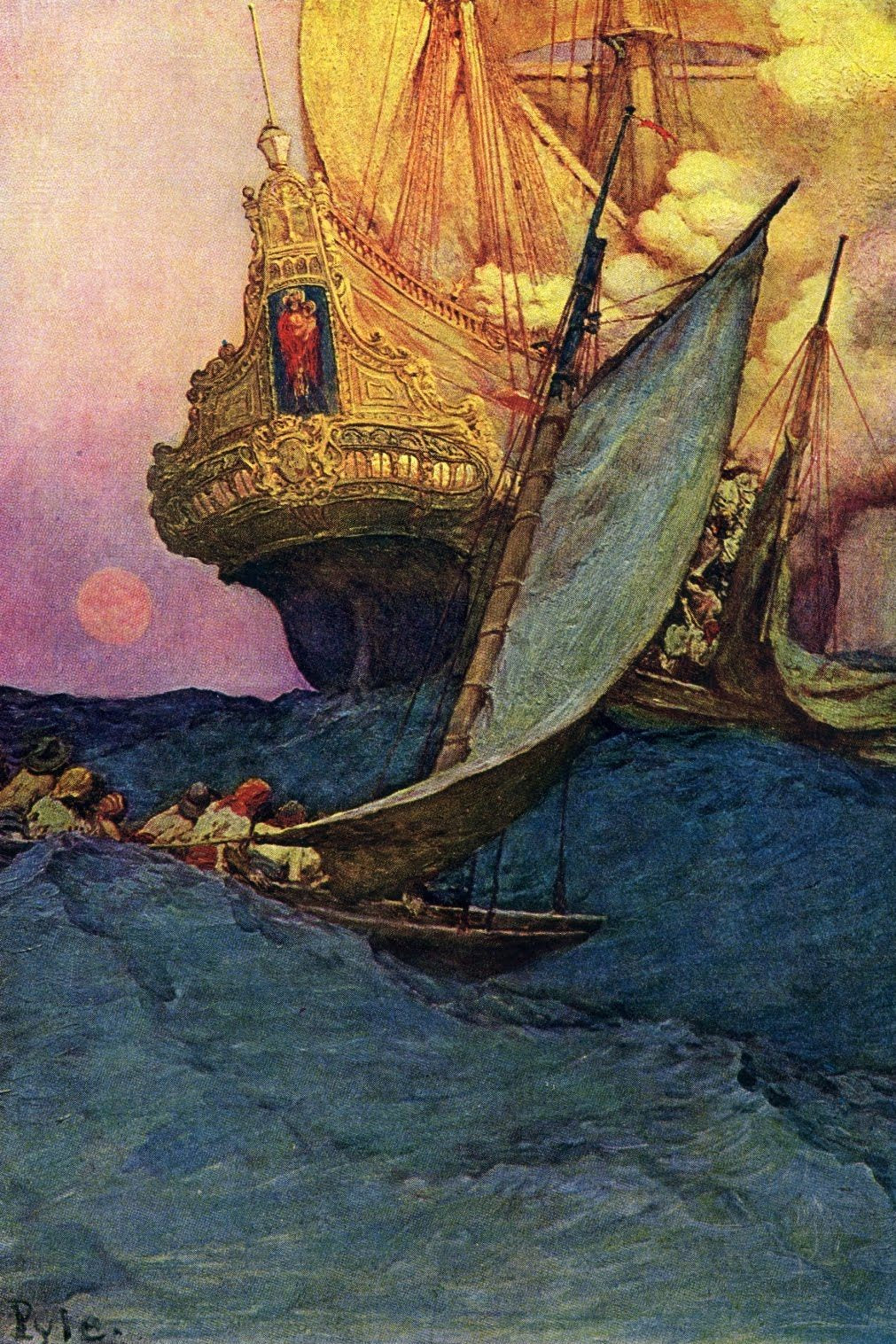 An Attack on a Galleon, vintage artwork by Howard Pyle, 12x8" (A4) Poster