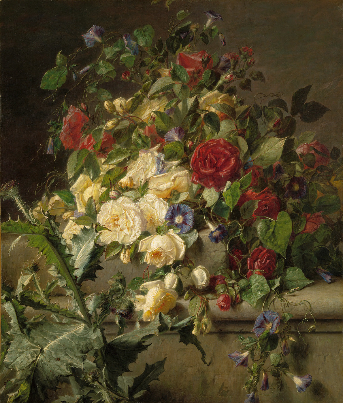 Roses over an old balustrade, vintage artwork by Adriana Johanna Haanen, A3 (16x12") Poster Print