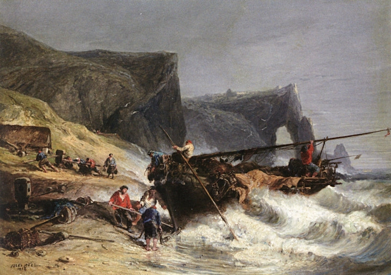 Fishermen Bringing in a Boat, vintage artwork by Jules Noel, A3 (16x12") Poster Print