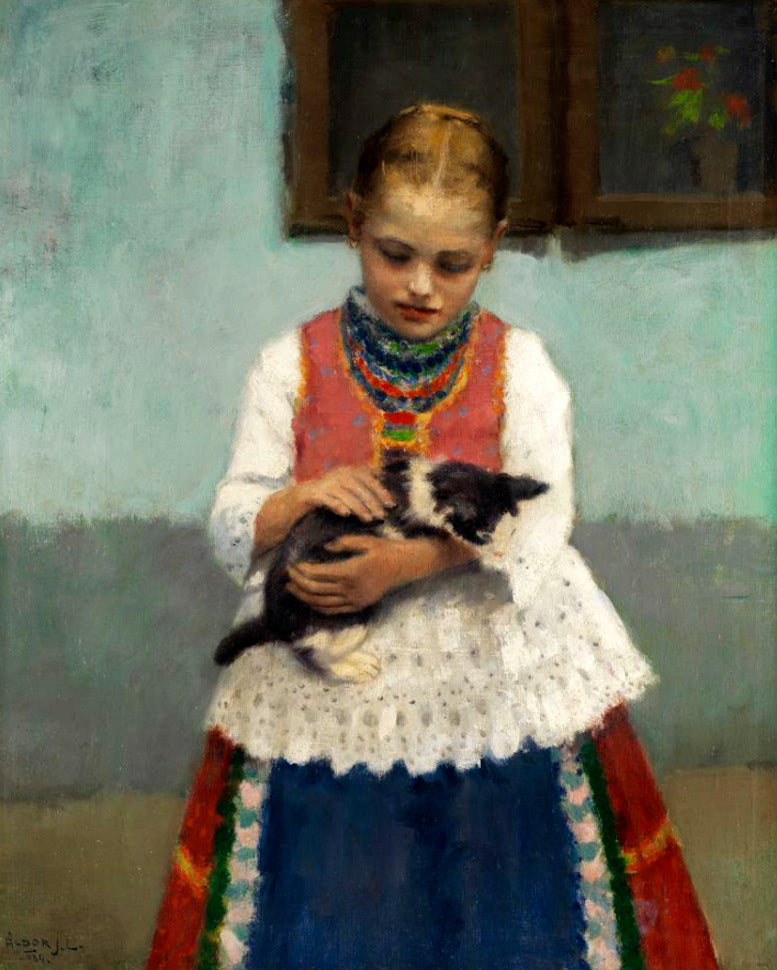 Playing with a kitten by Janos Laszlo Aldor,16x12(A3) Poster