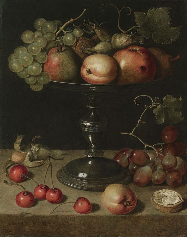 Still life with pears, an apple, an apricot, almonds and walnuts on a Tazza, vintage artwork by Clara Peeters, 12x8" (A4) Poster