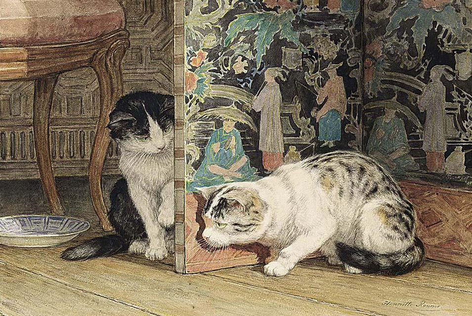 Cats Playing Around a Japanese Screen, vintage artwork by Henriette Ronner-Knip, A3 (16x12") Poster Print