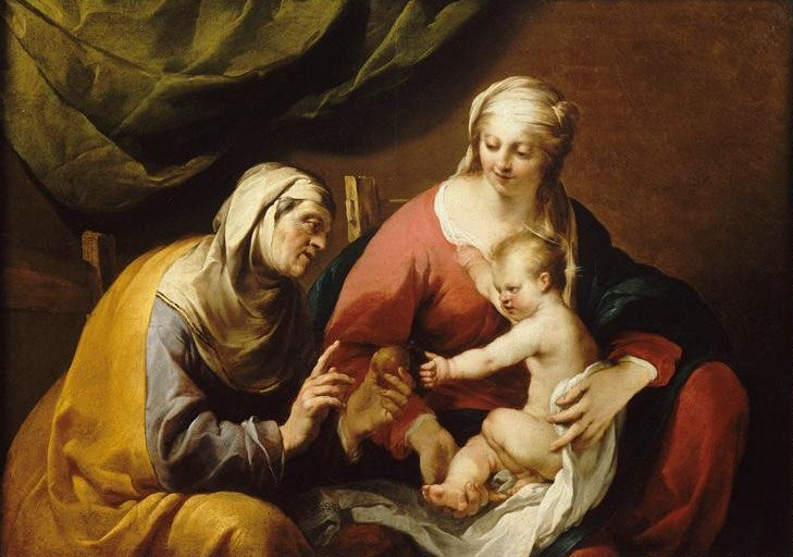 The Virgin and Infant jesus who Offers Saint Anne an Apple, vintage artwork by Jacques Blanchard, 12x8" (A4) Poster