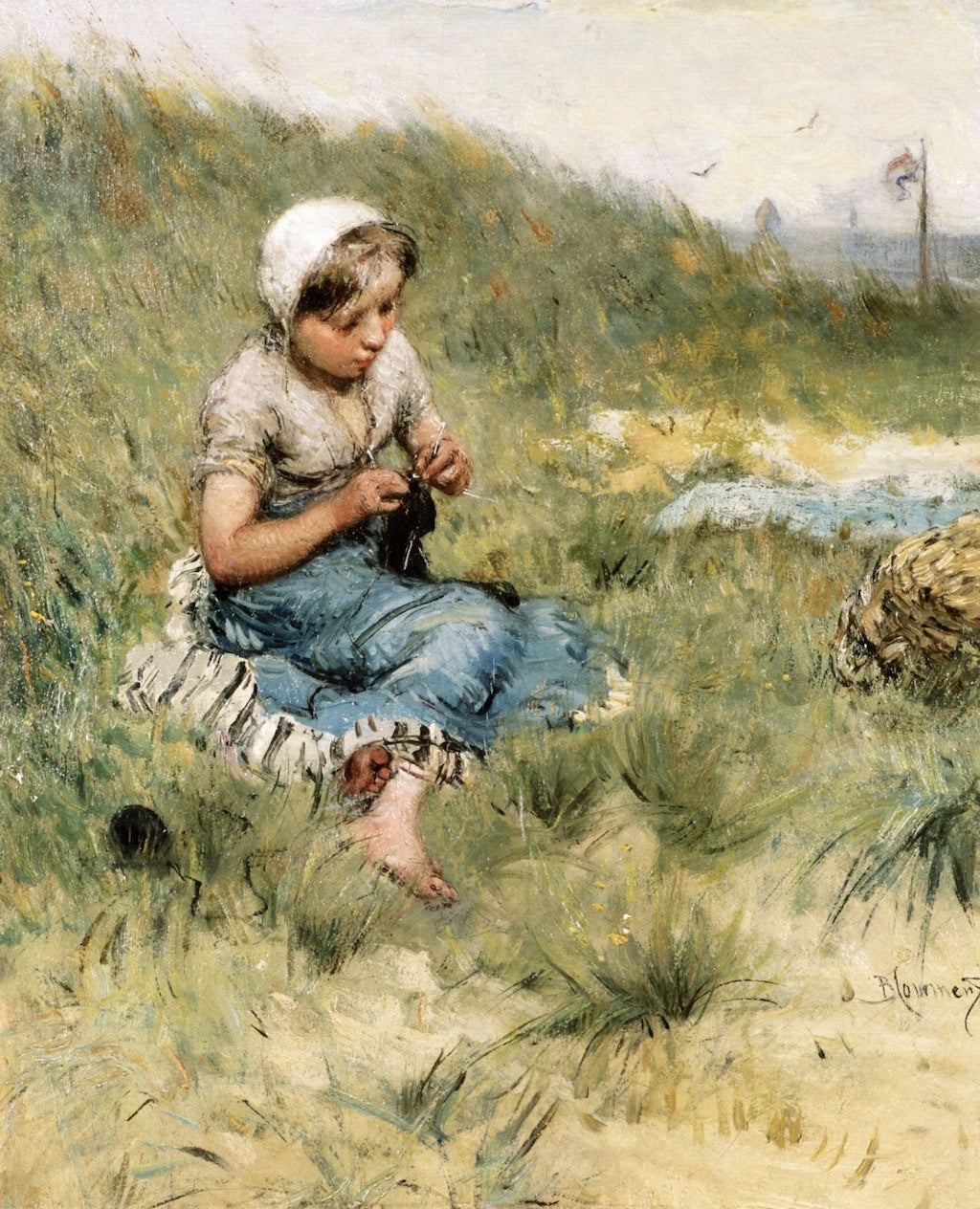 Knitting in the Dunes, vintage artwork by Bernard Blommers, 12x8" (A4) Poster