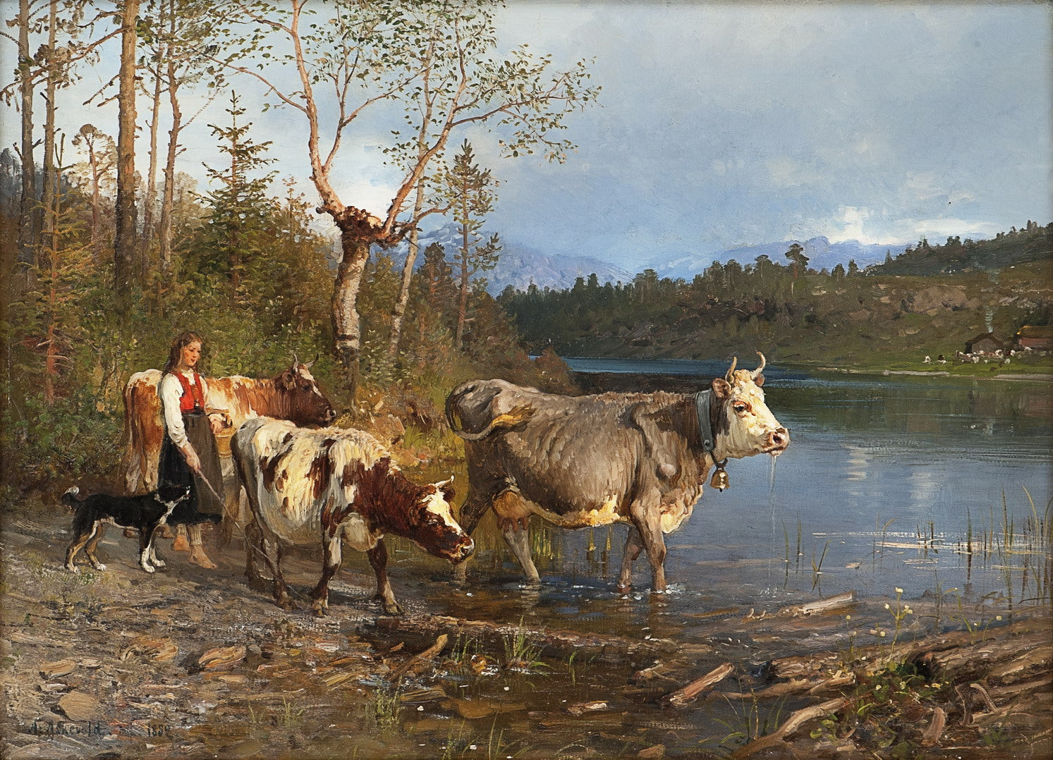 Evening by  the Lakeside, vintage artwork by Anders Monsen Askevold, 12x8" (A4) Poster