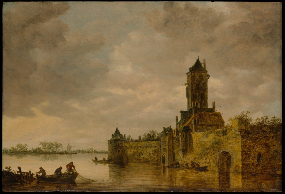 Castle by  a River, vintage artwork by Jan van Goyen, 12x8" (A4) Poster