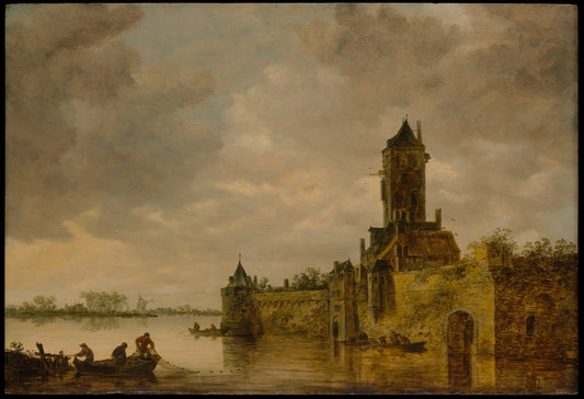 Castle by  a River, vintage artwork by Jan van Goyen, 12x8" (A4) Poster