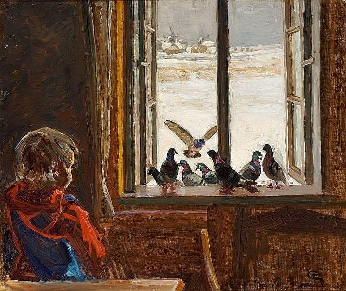 er is watching the pigeons in the windowsill by Fritz Syberg,A3(16x12")Poster