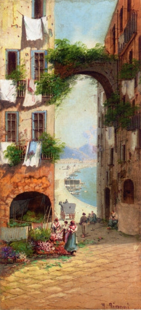 A Flower Market with a View of Vesuvius, Naples, vintage artwork by Girolamo Gianni, 12x8" (A4) Poster