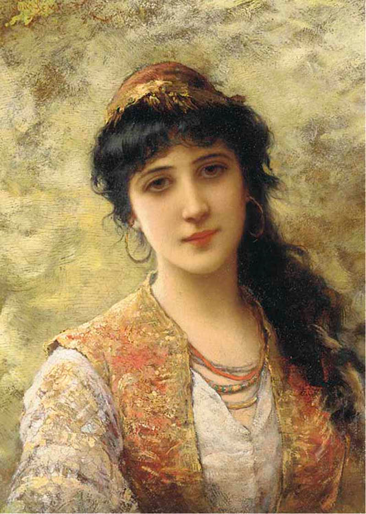 Young Beauty in an Embroidered Vest, vintage artwork by Emile Eisman-Semenowsky, 12x8" (A4) Poster