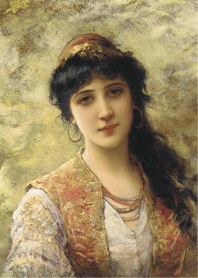 Young Beauty in an Embroidered Vest, vintage artwork by Emile Eisman-Semenowsky, 12x8" (A4) Poster